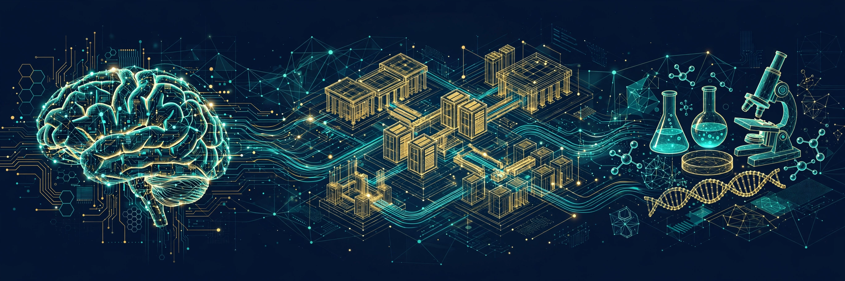 A glowing AI brain linked through a system architecture wireframe to research instruments, representing Solutions Prodigy's AI, architecture, and research work